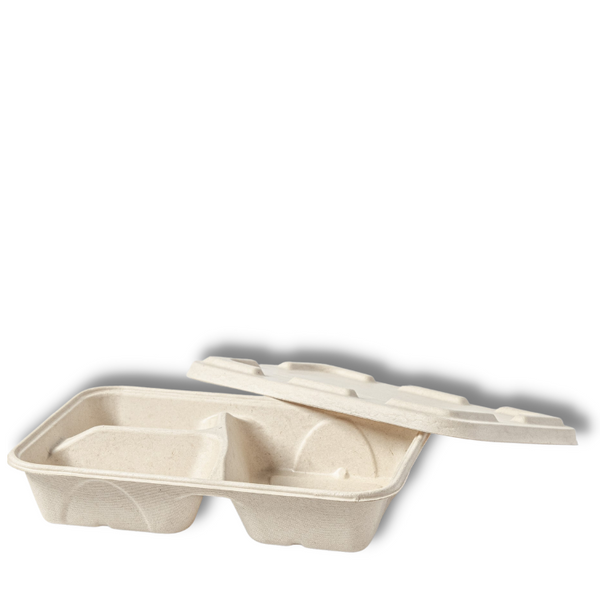 Bagasse 3 Partition Take Away Box + Lid - 1100ML