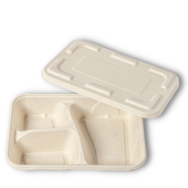 Bagasse 3 Partition Take Away Box + Lid - 1100ML