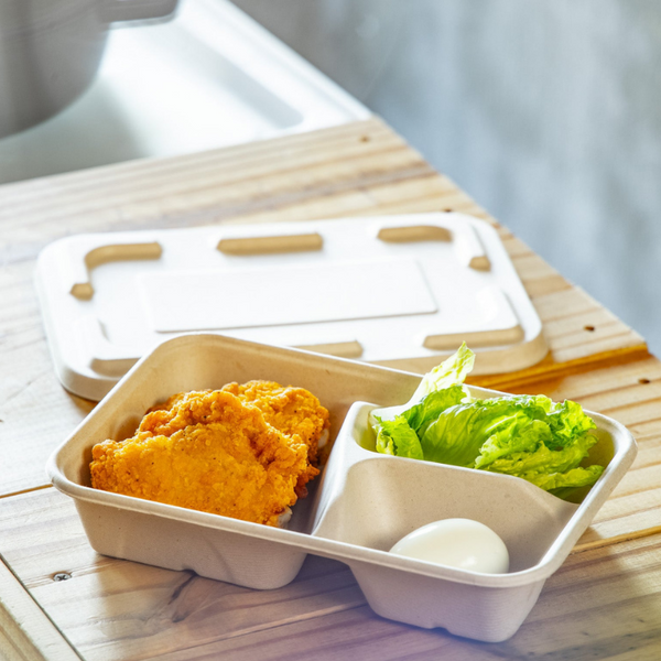 Bagasse 3 Partition Take Away Box + Lid - 1100ML